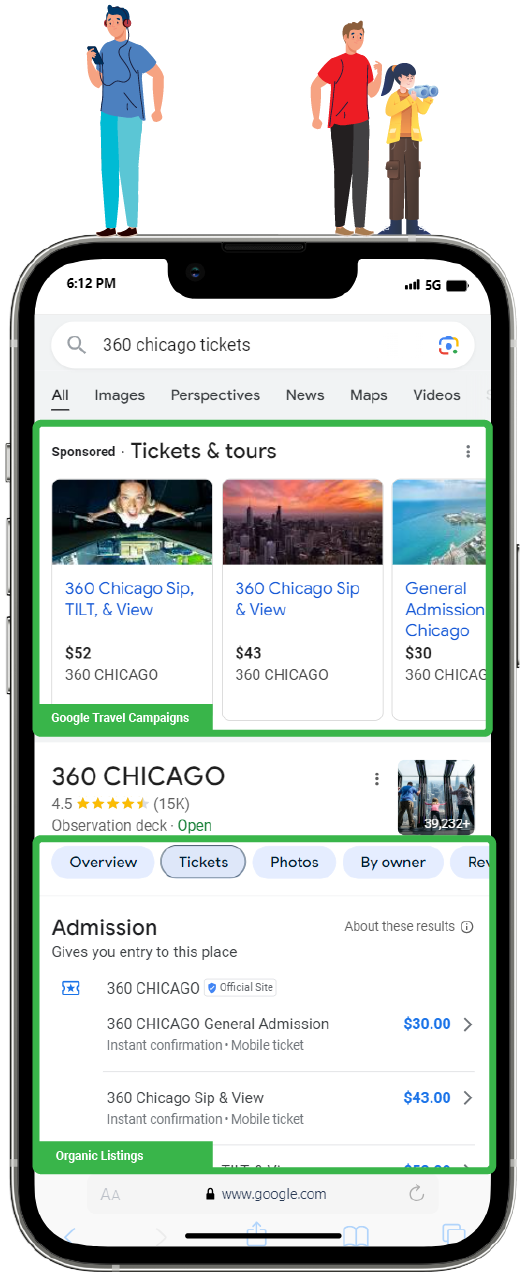 Google Things to Do listings for observation decks showing 360 Chicago